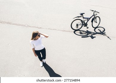 Woman With Bike Top View Vintage