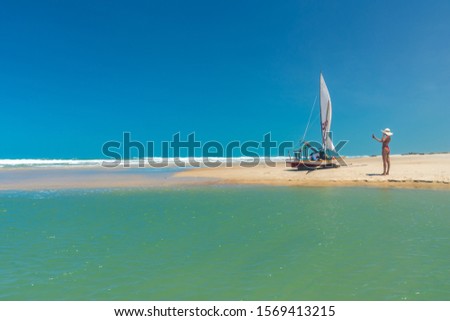 Woman in Bikini Bathing in the Ocean Turquoise Water on a Sunny Day with a Blue Sky in Morro Branco Beach, Ceará State, Northeast of Brazil
