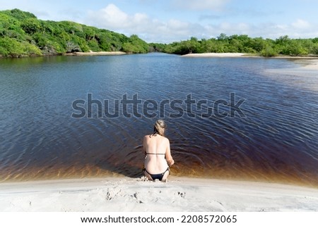 A woman in a bikini sitting with her back to the camera by the river against the forest in the background. Guaibim beach in the city of Valenca, Bahia, Brazil.