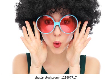 Woman with black afro and glasses