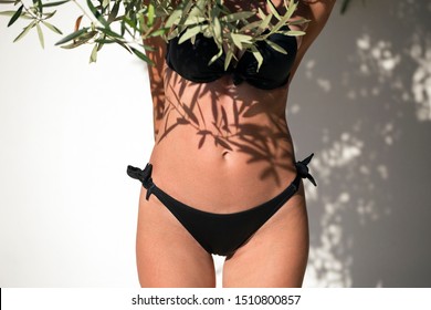 Woman In Black Bikini Posing Under Olive Tree Shadow, Close Up. Organic Olive Oil Based Cosmetics For Skin Care And Beauty Treatments