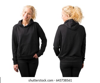 Woman in black blank hoodie on white background