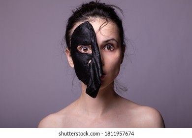 Woman In Black Cloth Mask On Face, Cosmetic Skin Care