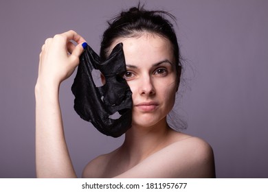 Woman In Black Cloth Mask On Face, Cosmetic Skin Care