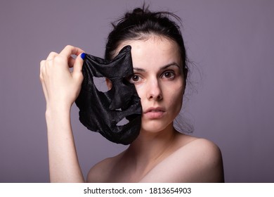 Woman In Black Cloth Mask On Face, Cosmetic Skin Care