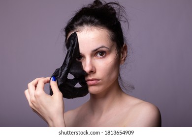 Woman In Black Cloth Mask On Face, Cosmetic Skin Care