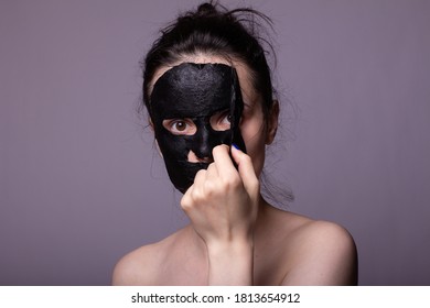 Woman In Black Cloth Mask On Face, Cosmetic Skin Care