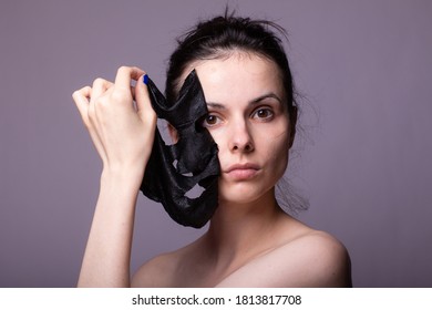 Woman In Black Cloth Mask On Face, Cosmetic Skin Care