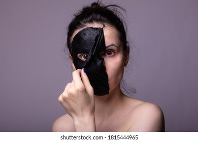 Woman In Black Cloth Mask On Face, Cosmetic Skin Care