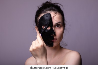 Woman In Black Cloth Mask On Face, Cosmetic Skin Care