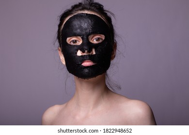 Woman In Black Cloth Mask On Face, Cosmetic Skin Care