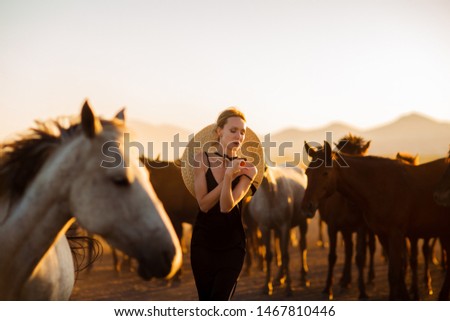 Similar – Image, Stock Photo Portrait of adult woman with beautiful horse in nature. Sunlight, silhouette.Concept of love for lesser brothers, caring and animal training