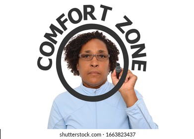 Woman With Black Felt Tip Pen Looking At Camera Through Comfort Zone Circle White Background