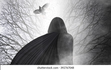 Woman in black going in the foggy forest - gothic style. Vintage photo.