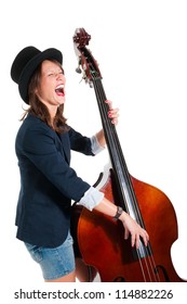 Woman In Black Hat Play Double Bass Isolated On White