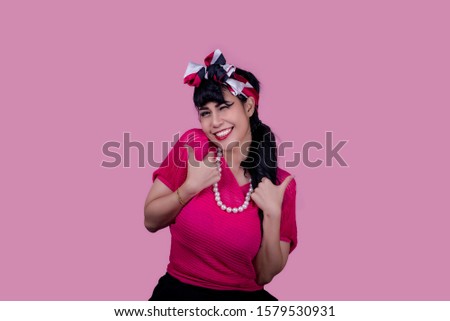 Woman black head young women,wow hands isolated on pink background. Retro vintage 50's style Emotion face expression.