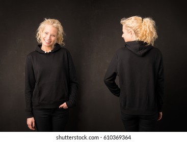 Woman In Black Hoodie From Front And Back 