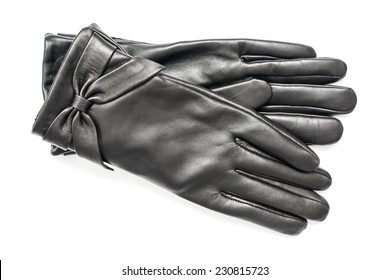 Woman Black Leather Gloves Isolated