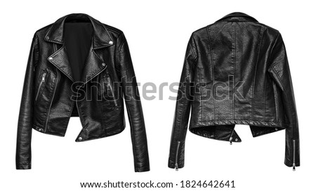 Woman black leather jacket isolated on white background