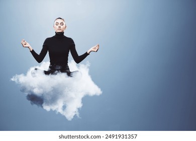 A woman in a black outfit meditates on a floating cloud against a blue background, symbolizing peace and inner tranquility - Powered by Shutterstock