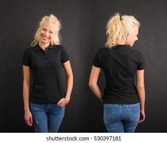 Woman In Black Polo T-shirt On Black Background 