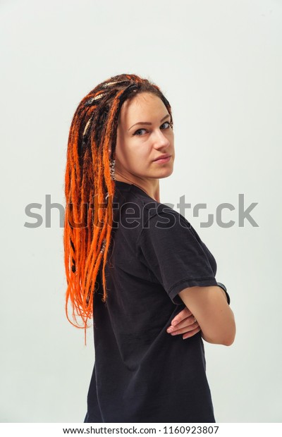 Woman Black Tshirt Girl Orange Dreadlocks Stock Photo Edit