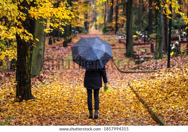 Woman in black with\
umbrella walking in cemetery at autumn rain.  Lonely mourner with\
flowers in graveyard