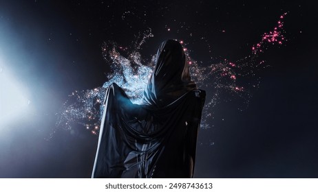 woman in a black veil against a starry sky, a mystical priestess of a mysterious cult, a fantastic character. A mysterious figure in the folds of the fabric - Powered by Shutterstock