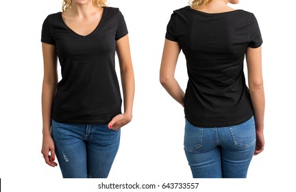 Woman in black V-neck T-shirt, front and back
