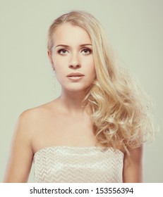 Woman Blank Face Portrait, Fashion Model With Blond Long Hair