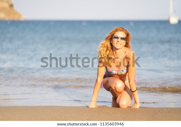Woman Blonde Hair Bikini Enjoying Sandy Stock Photo Edit Now