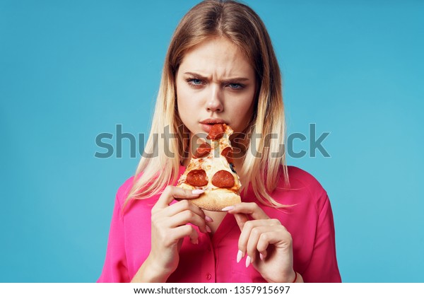 Woman Blonde Hair Pink Shirt Blue Stock Photo Edit Now 1357915697