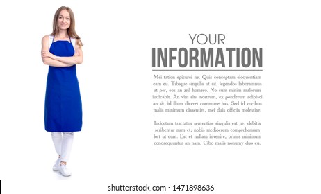 Woman In Blue Apron Smile On White Background Isolation