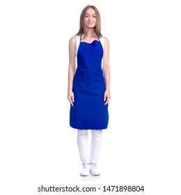 Woman In Blue Apron Smile On White Background Isolation