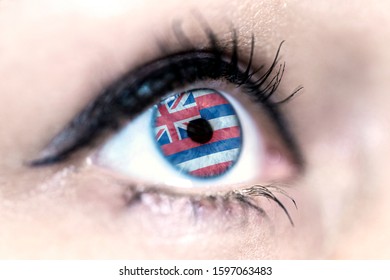 Woman Blue Eye In Close Up With The Flag Of Hawai State In Iris, United States Of America 