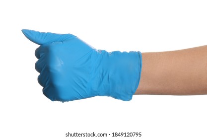 Woman In Blue Latex Gloves Showing Fist On White Background, Closeup Of Hand