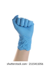 Woman In Blue Medical Glove With Clenched Fist On White Background