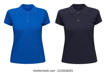 Woman Blue Polo Shirt Isolated On White. Mockup Female Polo T-shirt Front View With Short Sleeve