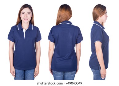 Woman In Blue Polo Shirt Isolated On A White Background