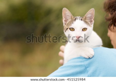 Woman in blue shirt, holding in her shoulder a common cat, outdoors. White common cat with yellow eyes looking to the camera. Shallow deep of field.