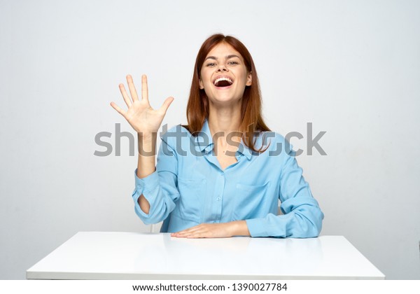 Woman Blue Shirt Sitting Desk Emotions Stock Photo Edit Now