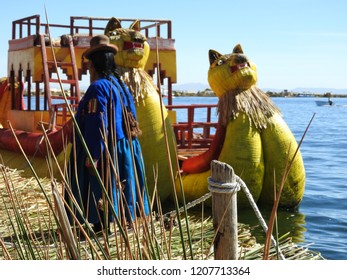 woman and boat on beautiful Urus island in Peru