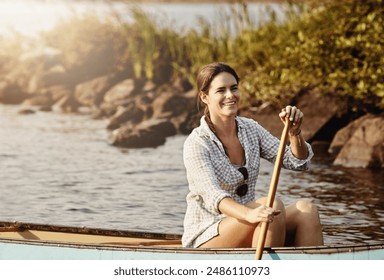 Woman, boat and paddle on lake for holiday, travel and adventure for activity on river. Rowing, water sports and vacation in Germany, survival skill or bootcamp in racing for female person on kayak - Powered by Shutterstock