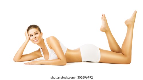 Woman Body Beauty, Girl in White Cotton Underwear, Young Smiling Model Lying on Stomach
