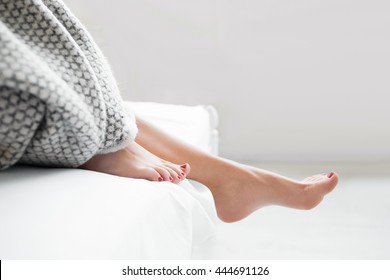 Woman Body Legs Bed Awaking Morning Step Female Foot Sleep Relax Concept