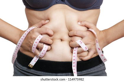 woman body with measuring tape isolated in white