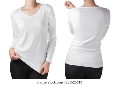 woman body in white long sleeves t-shirt front and back side isolated.
