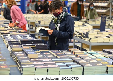 Woman At Book Fair Wearing Mandatory Face Mask Turin Italy October 14 2021