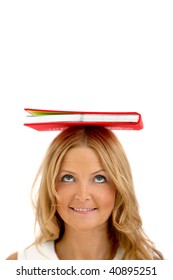Woman with a book on her head isolated over a white background