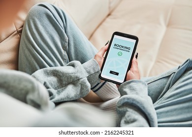 Woman Booking Vacation Online. Person Paying For Hotel From Home. Booking Flight Using Mobile Payment App. Purchasing Service Using Smartphone. Online Shopping From Home. Order Confirmation On Screen